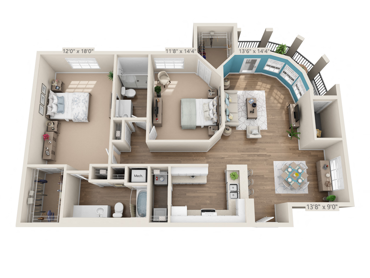 Floor plan for 2 beds, 2 baths, 1288 sqft